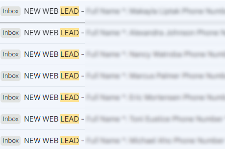 Screenshot of an inbox showing multiple emails with subject lines starting with 'NEW WEB LEAD' followed by blurred sender details.